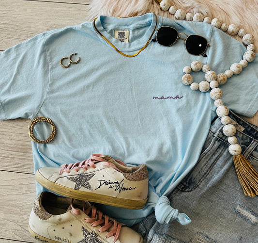 Chambray Dainty Mama Embroidered Tee