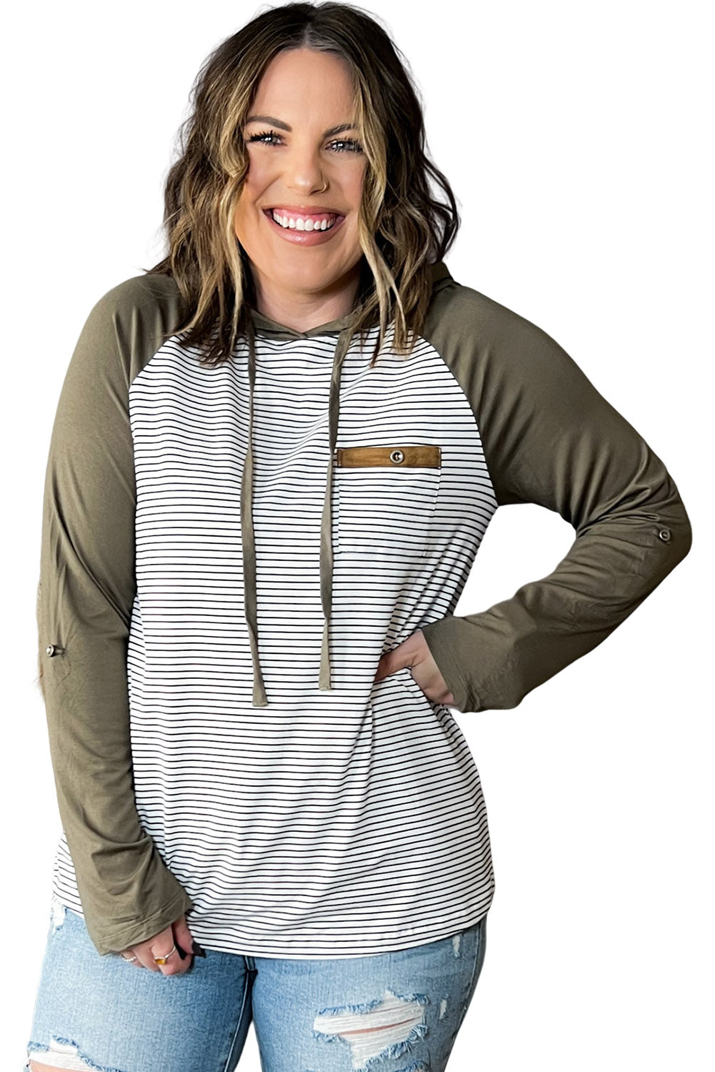 Green Striped Raglan Sleeve Buttoned Pocket Plus Size Hoodie