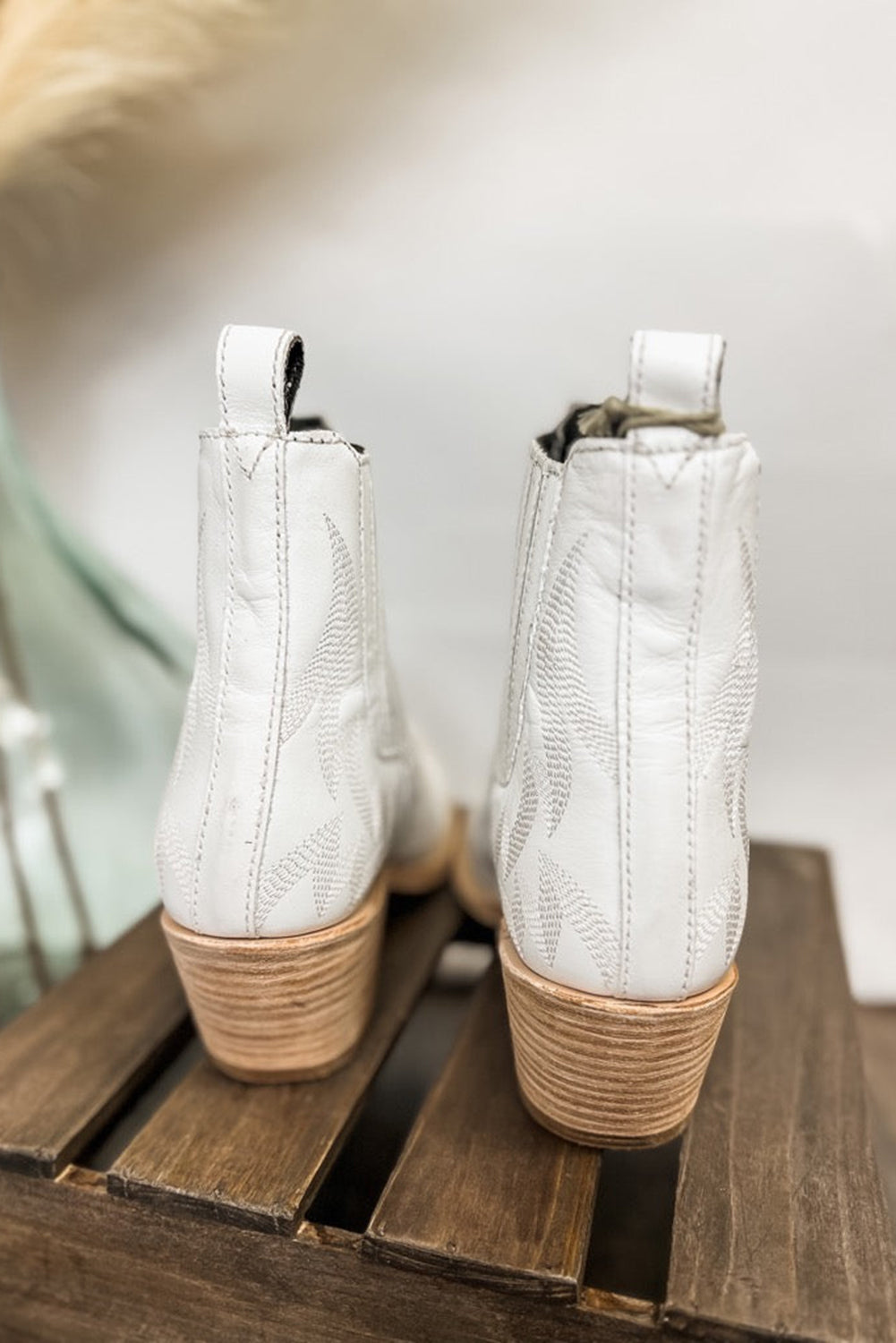 White Embroidered Leather Thick Heel Booties