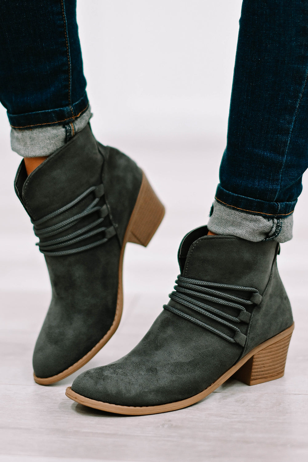 Dark Grey Criss Cross Slip-on Point Toe Heeled Boots