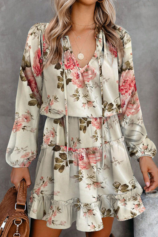 Beige Floral Split Neck Cinched Waist Ruffle Mini Dress