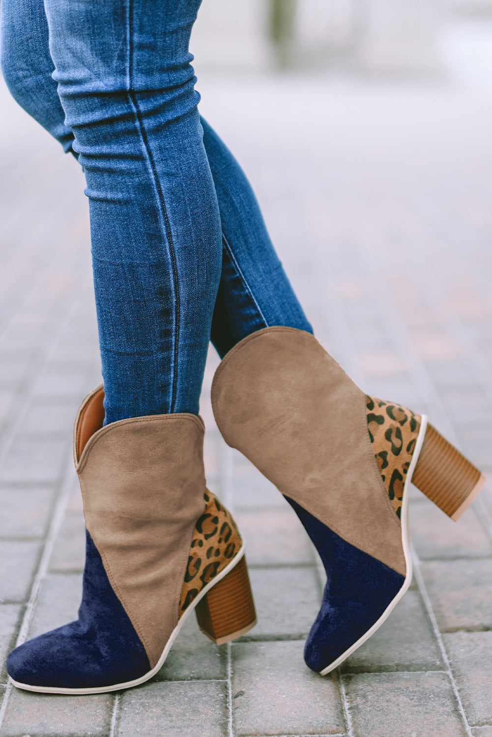 Leopard Print Color Block Patchwork Heeled Boots