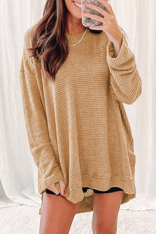 Khaki Waffle Knit High Slits Oversized Top