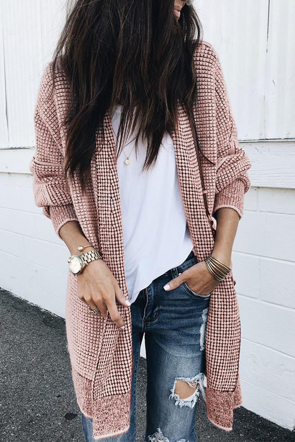 Pink Plaid Knitted Long Open Front Cardigan