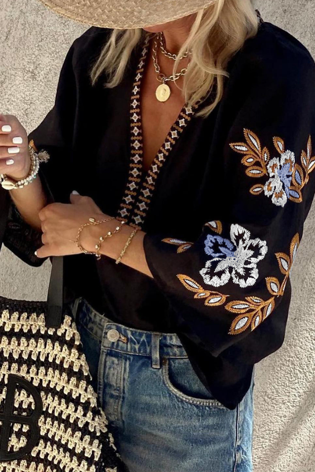 Black Boho Floral Embroidered V Neck Blouse