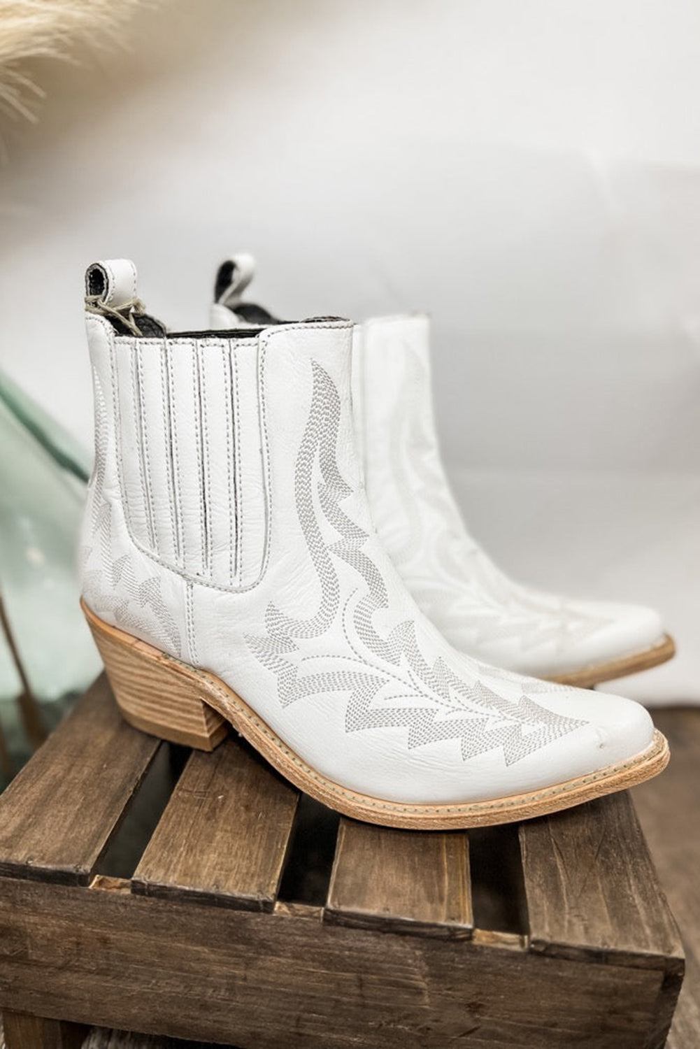 White Embroidered Leather Thick Heel Booties