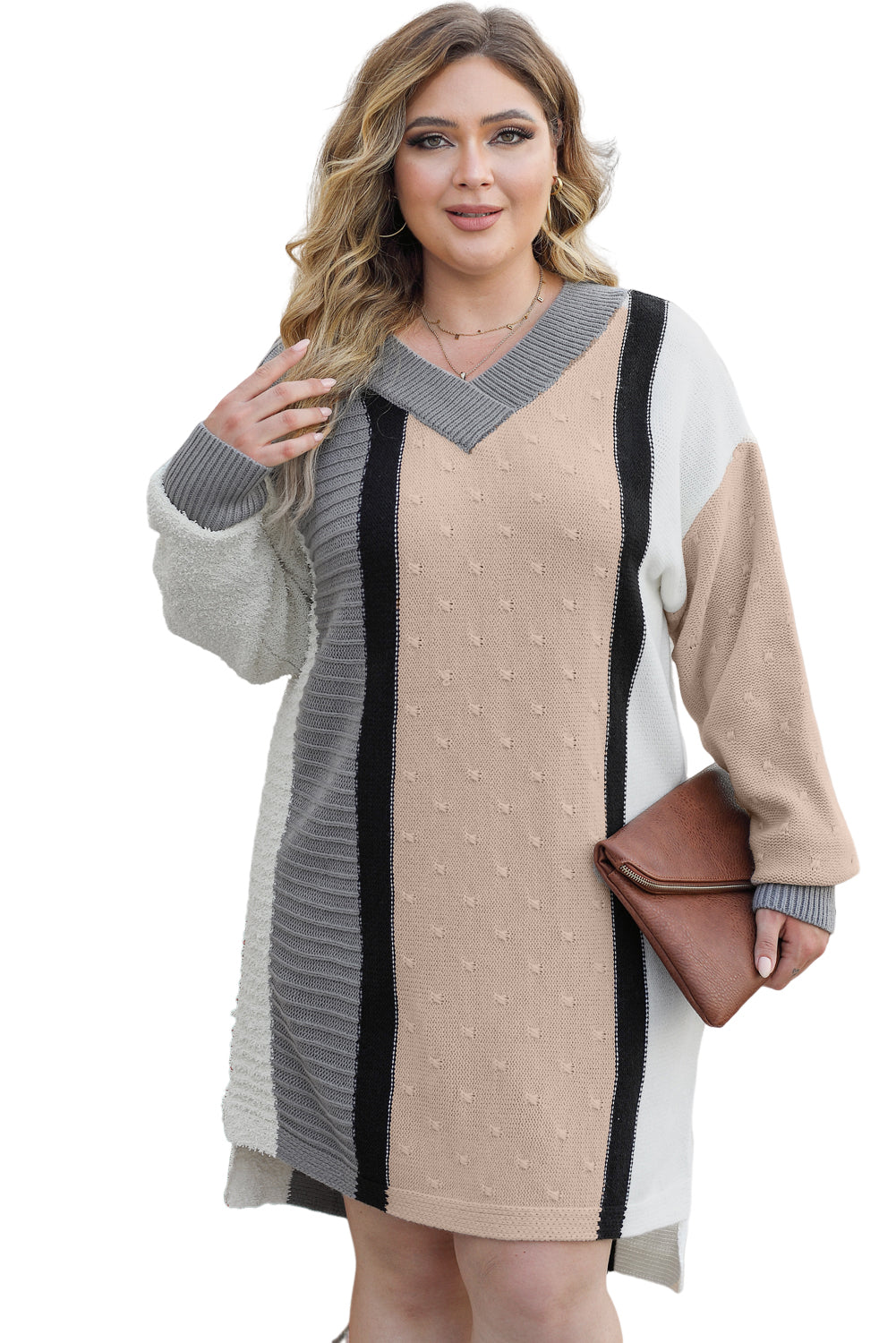 Apricot Mixed Boucl Color Block Plus Size Sweater Dress