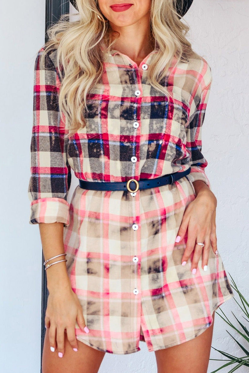 Red Gradient Plaid Print Shirt Short Dress