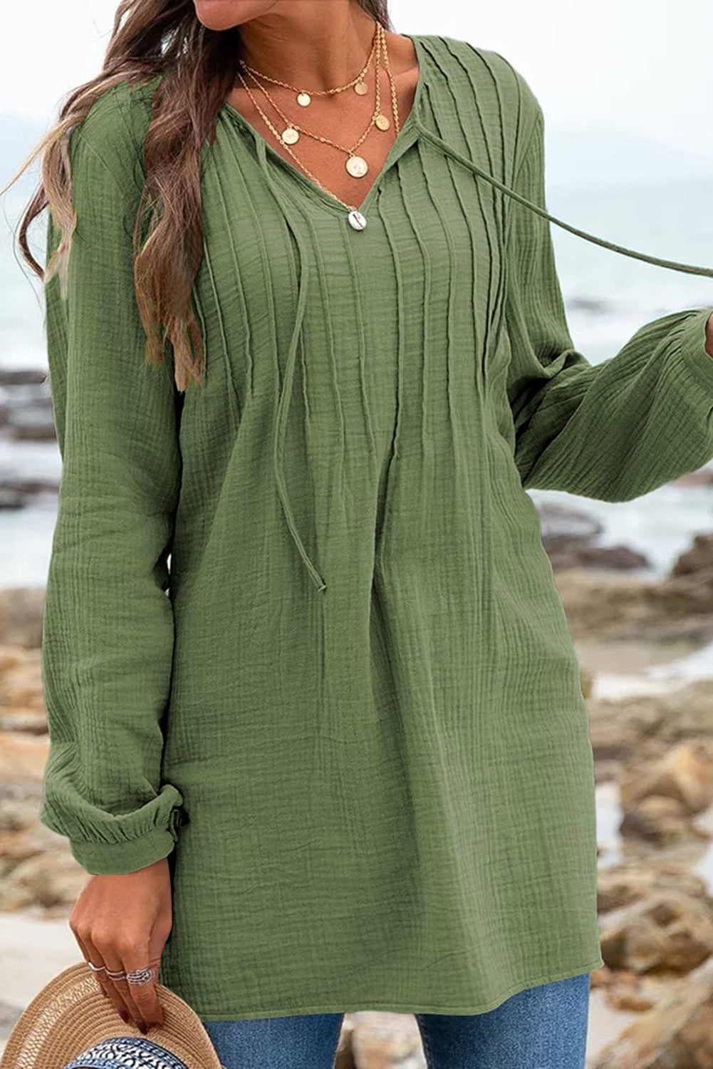 Green Casual Pleated V Neck Textured Loose Top