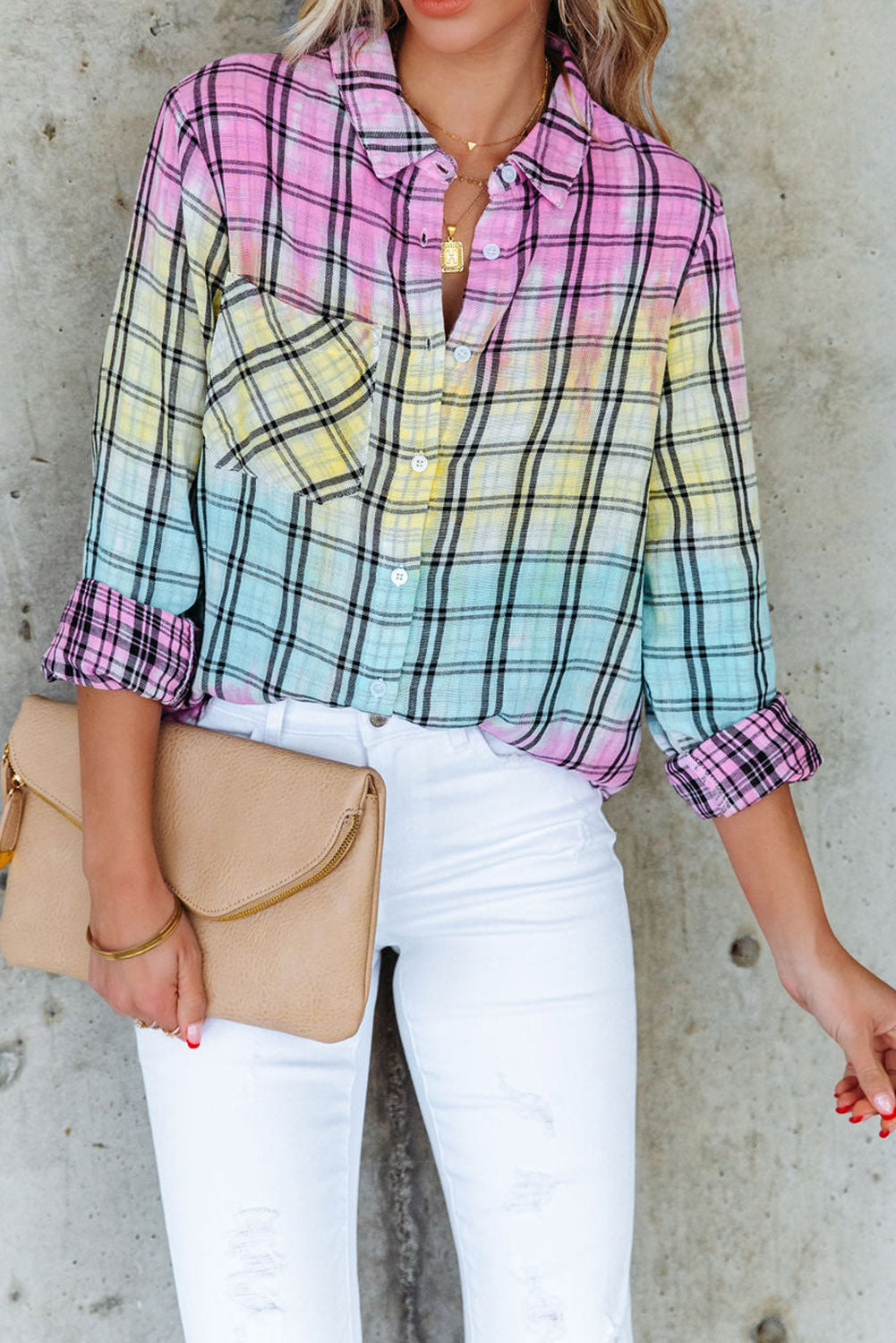 Multicolor Tie Dye Plaid Button Up Shirt