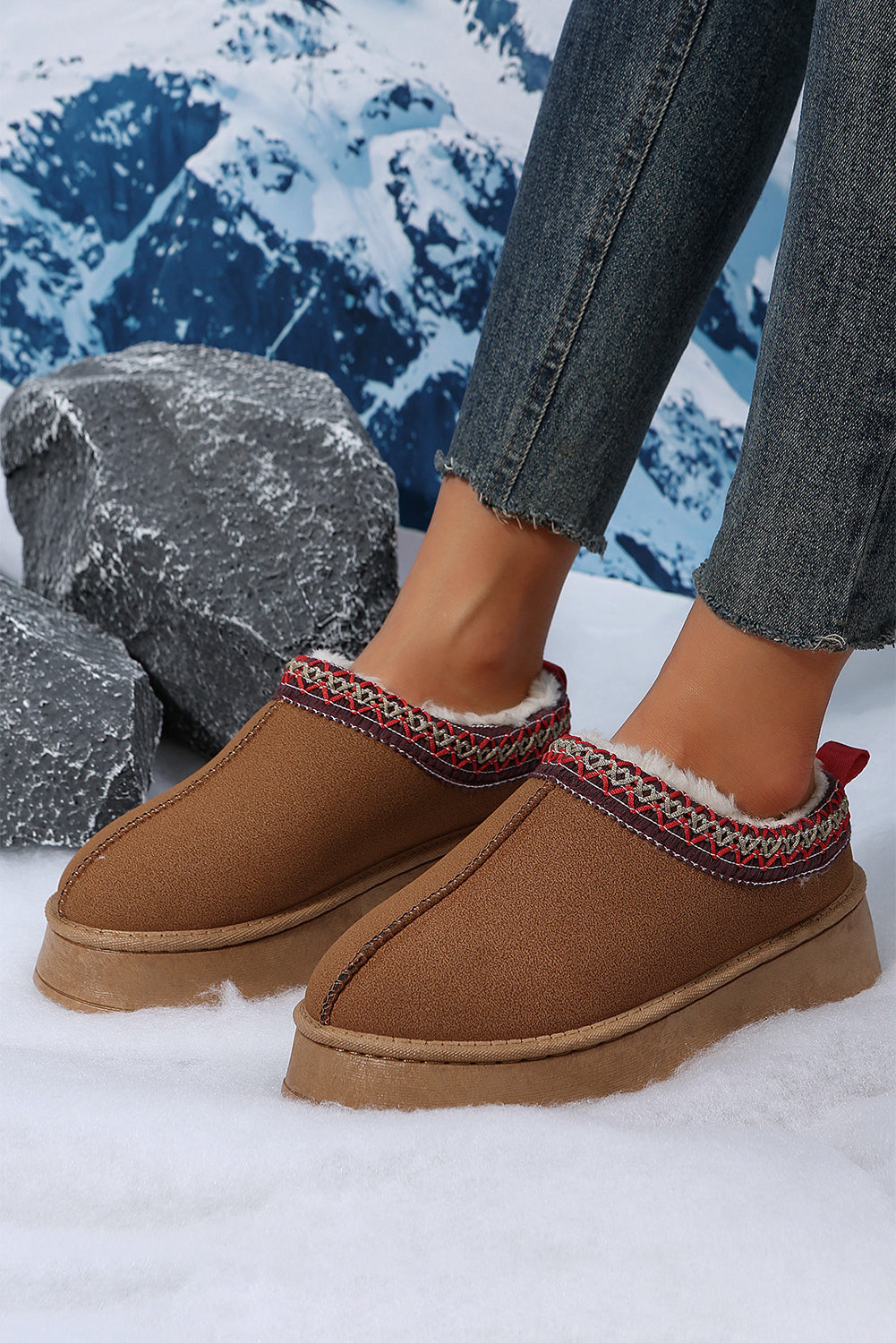 Chestnut Suede Contrast Print Plush Lined Snow Boots