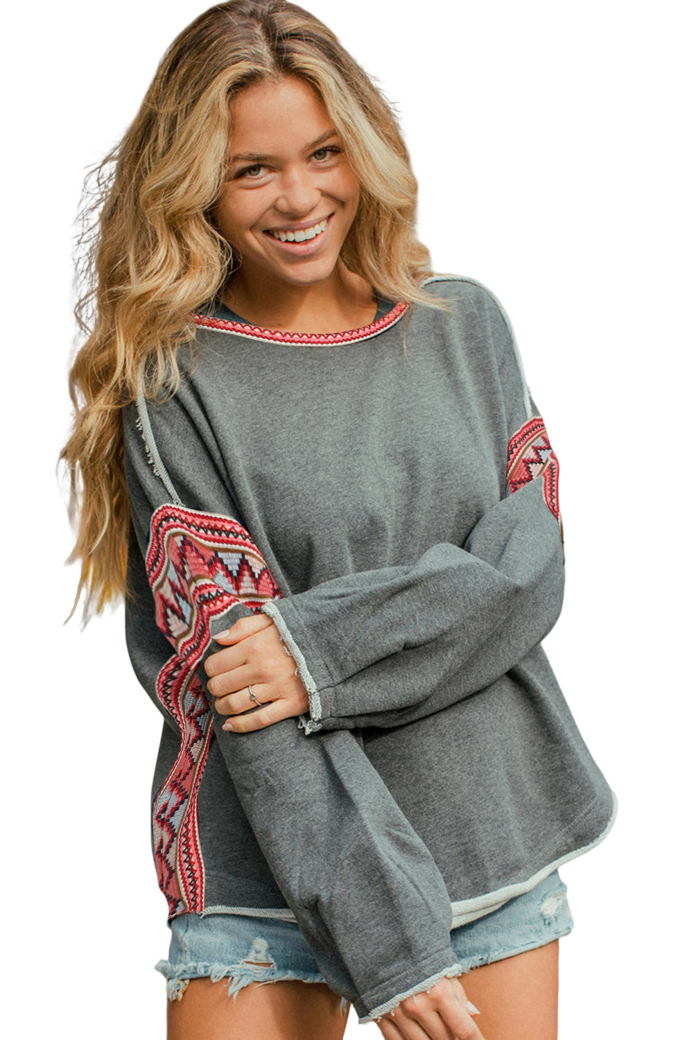 Gray Boho Print Patch Sleeve Raw Edge Sweatshirt