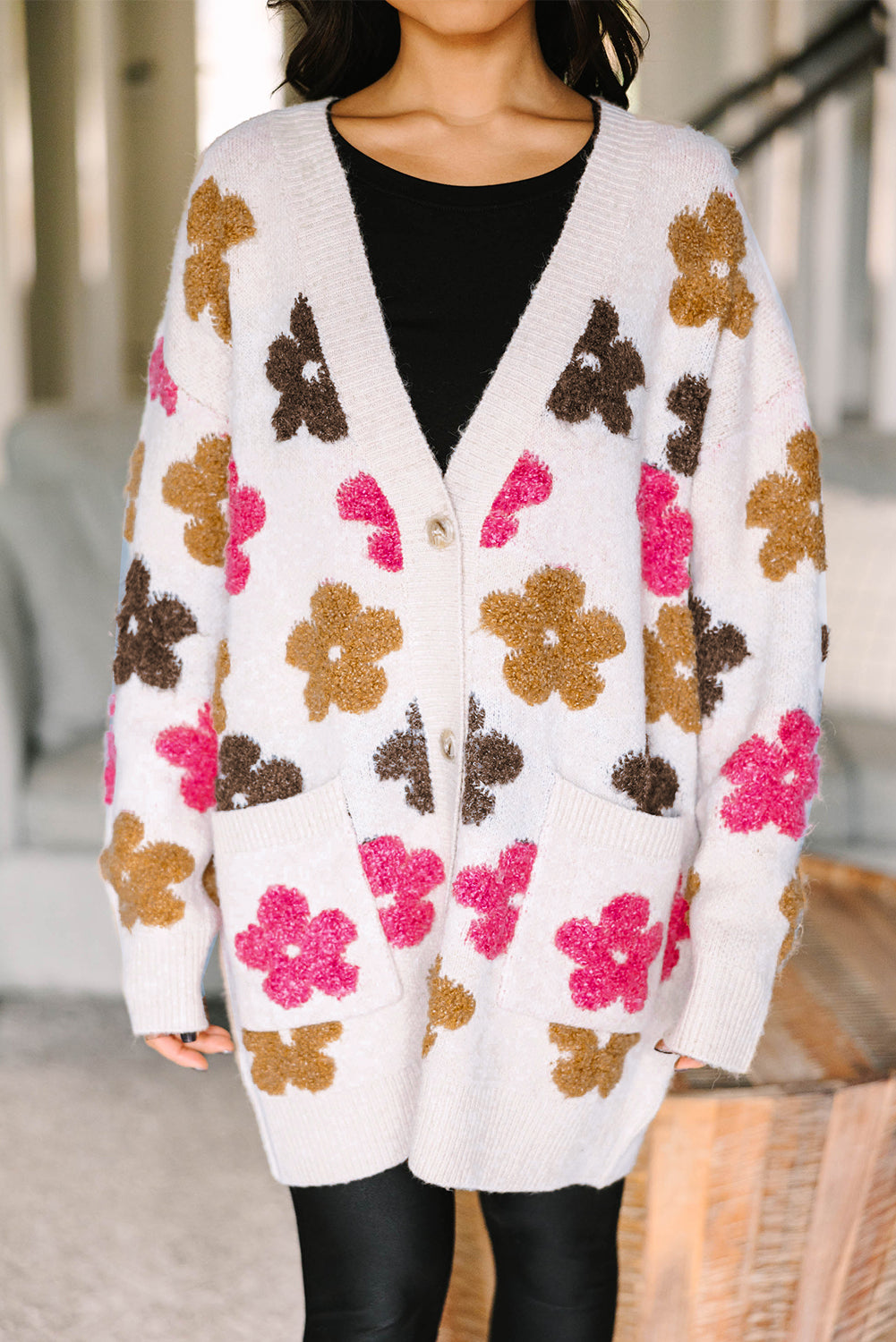 White Flower Pattern Pocket Buttoned Cardigan