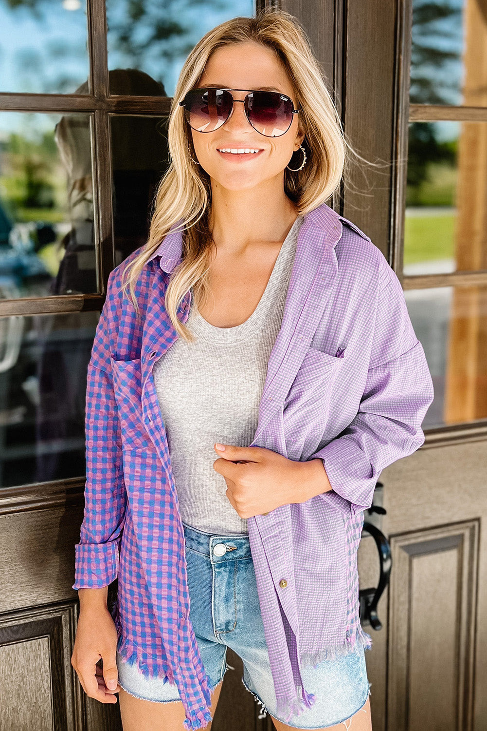 Purple Mixed Plaid Button Down Long Sleeve Chest Pocket Shirt