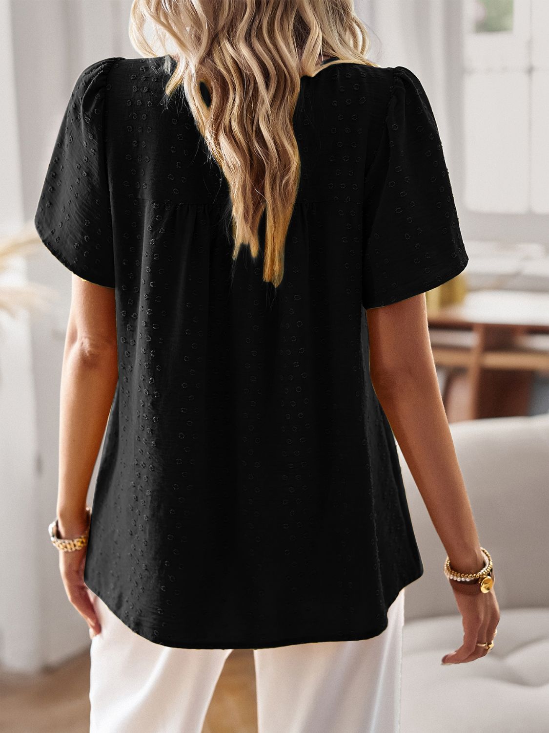 Lace Detail Round Neck Short Sleeve Blouse