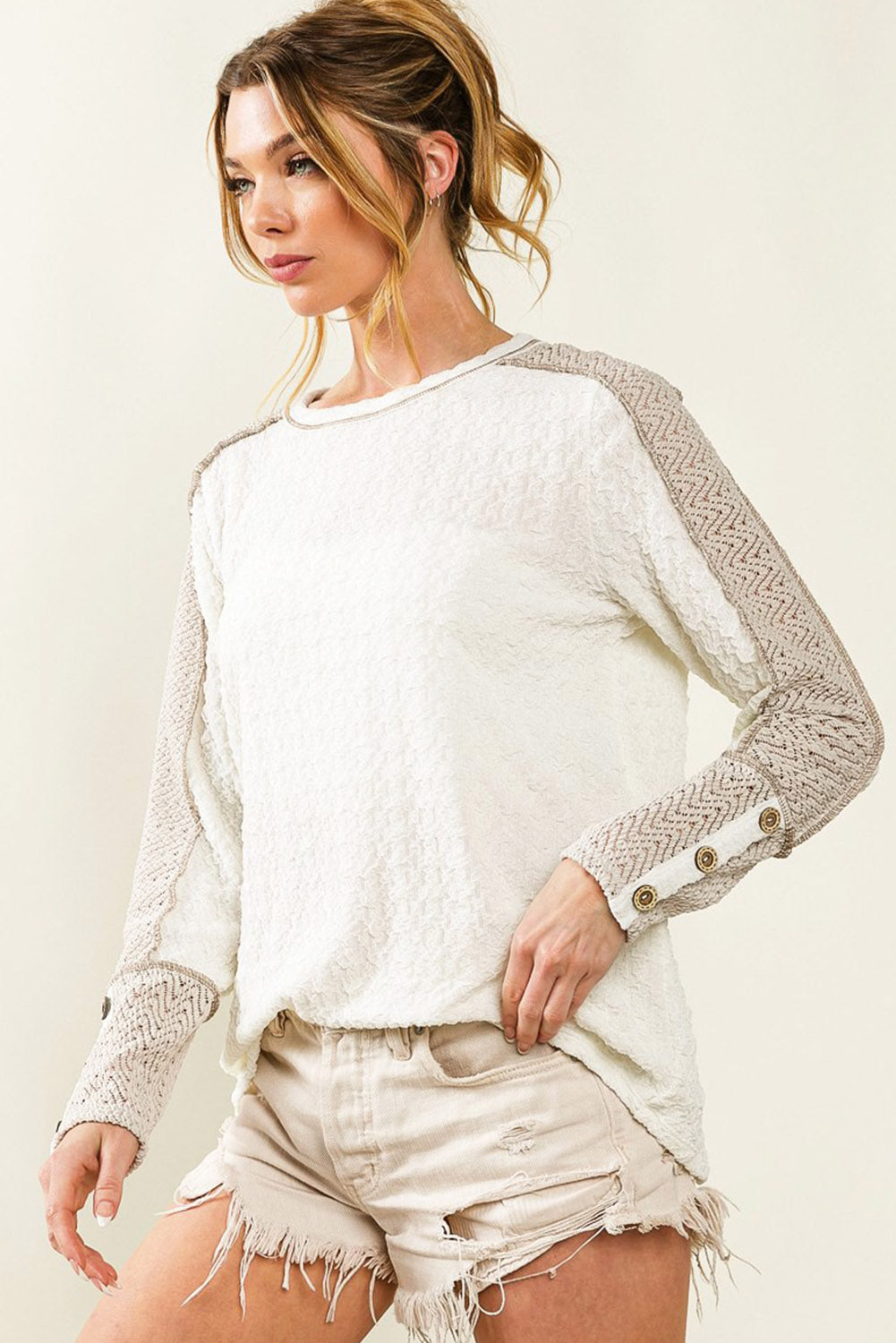 White Exposed Seam Textured Patch Buttoned Sleeve Top