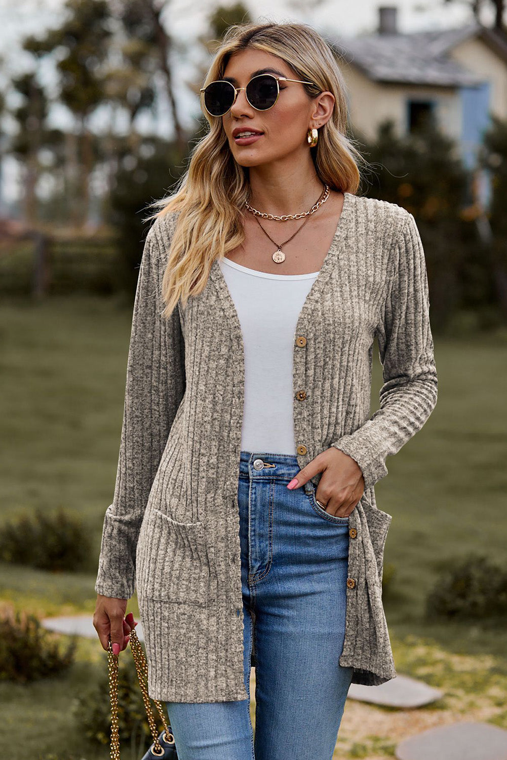 Khaki Rib Knit V Neck Button up Cardigan with Pockets