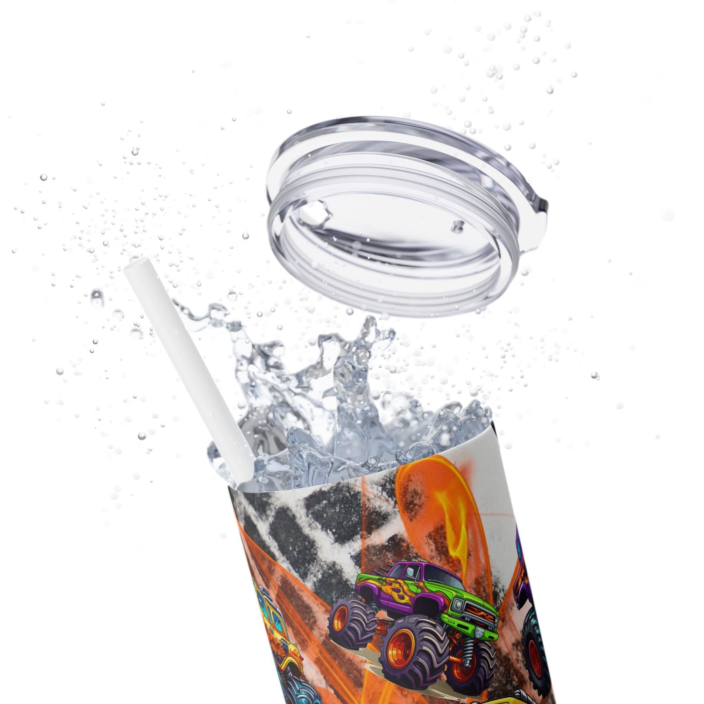 Monster Truck Flames Skinny Tumbler with Straw, 20oz