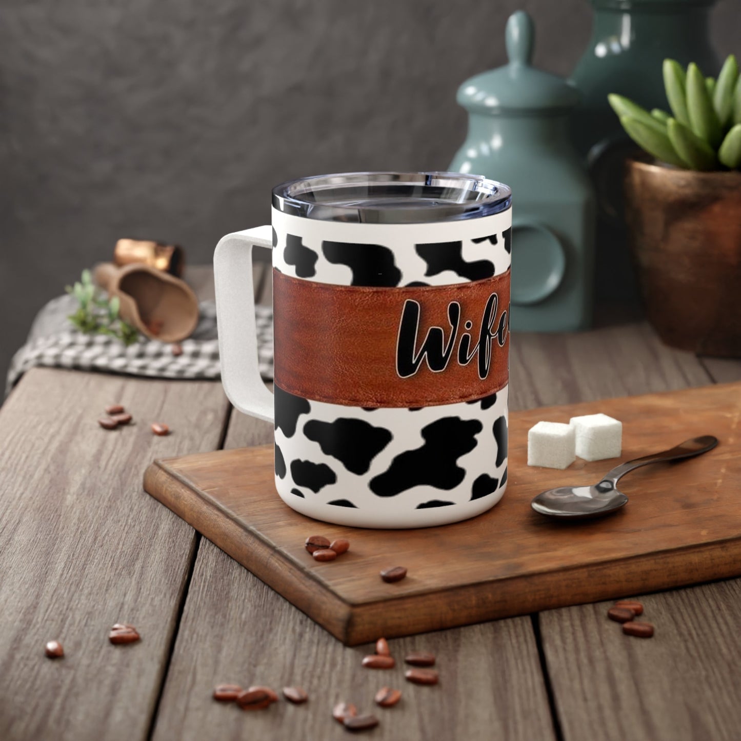 Wifey Cowhide Insulated Coffee Mug, 10oz