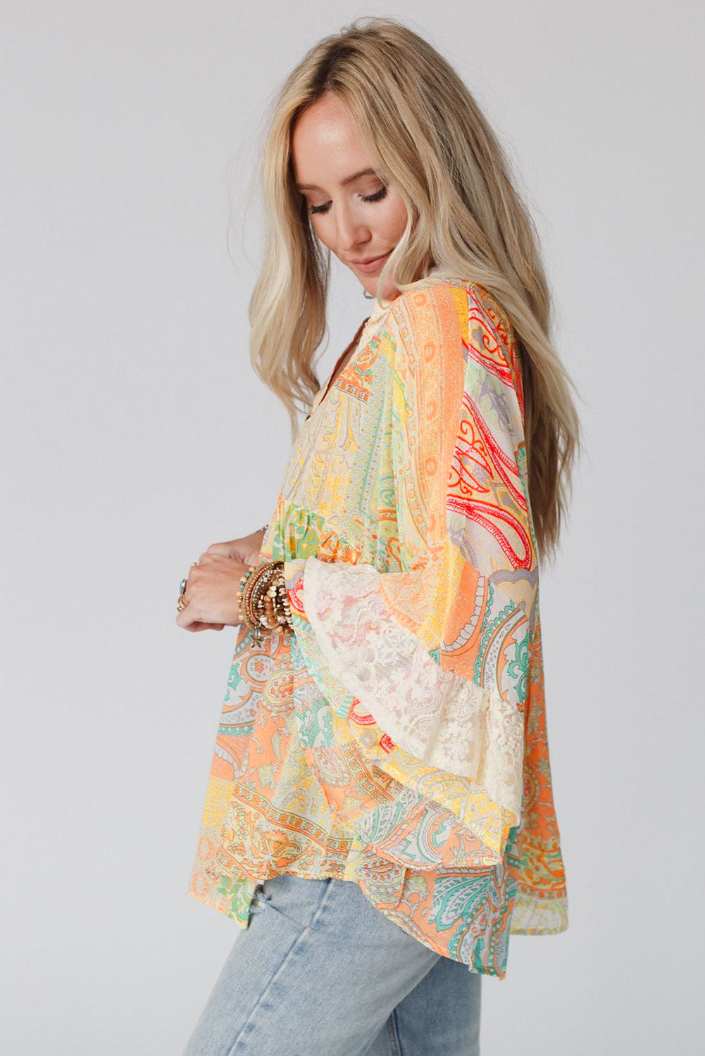 Multicolor Paisley Print Bell Sleeve Lace V-Neck Button Sheer Blouse