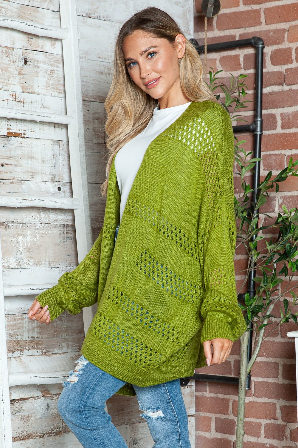 Openwork Open Front Long Sleeve Cardigan