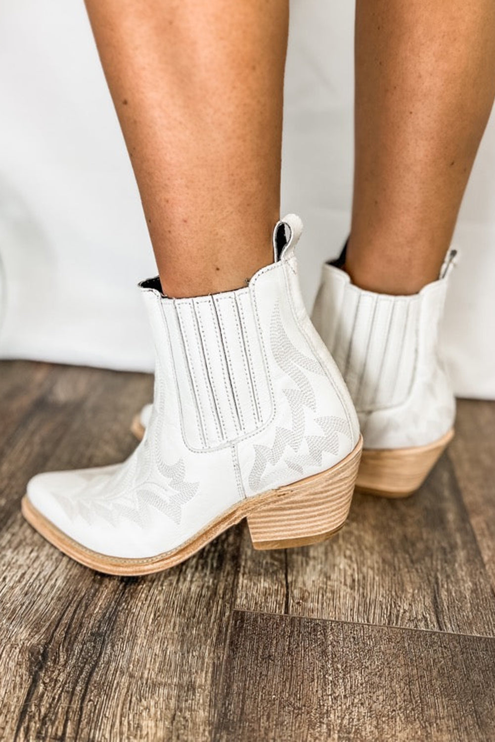 White Embroidered Leather Thick Heel Booties