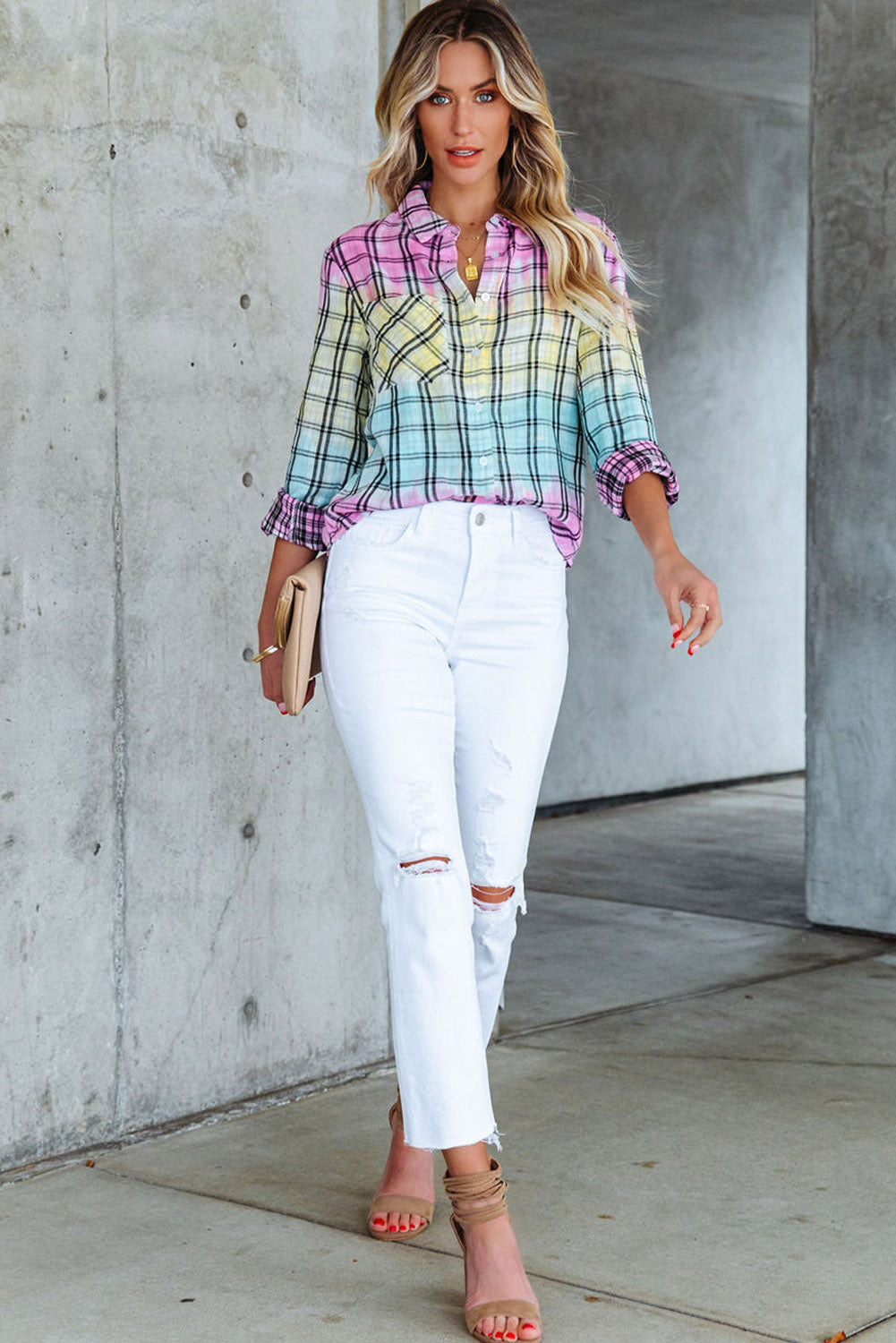 Multicolor Tie Dye Plaid Button Up Shirt