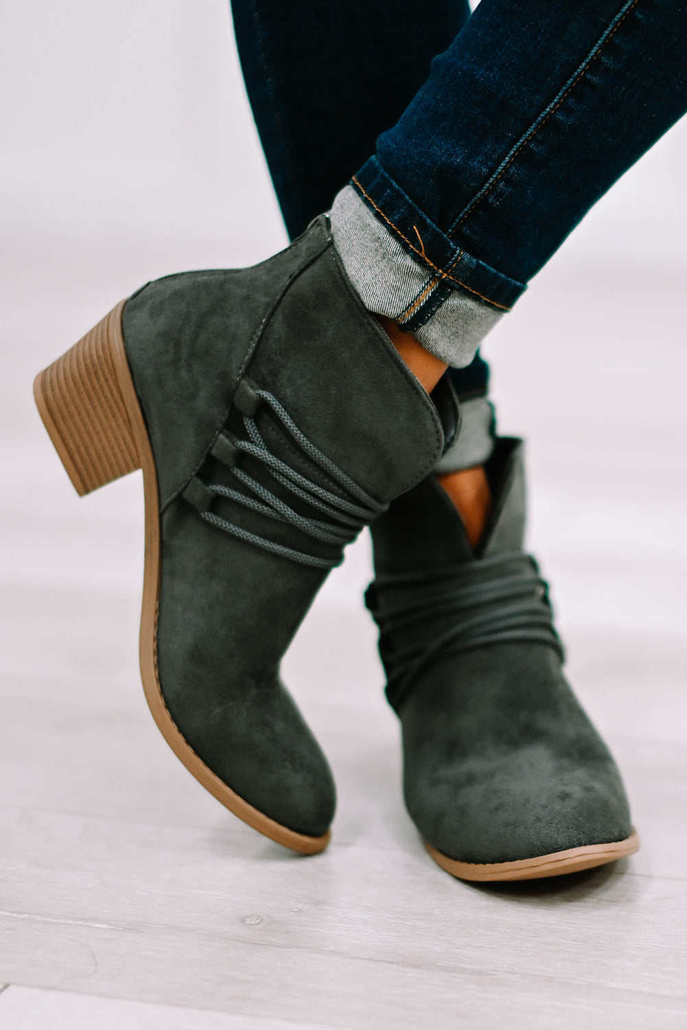 Dark Grey Criss Cross Slip-on Point Toe Heeled Boots