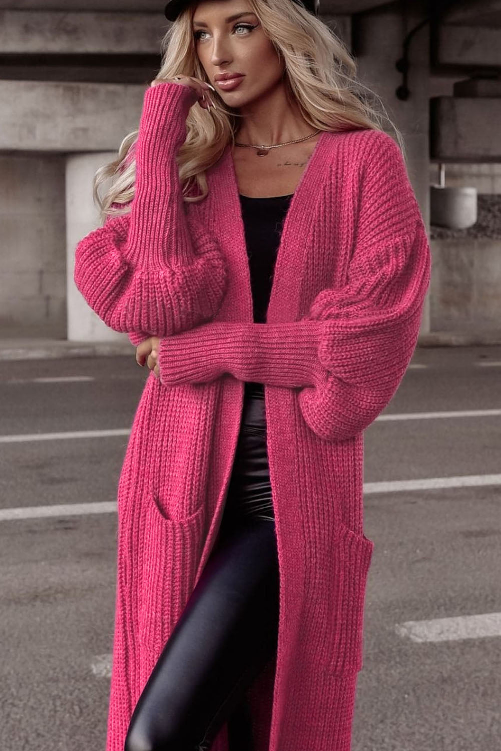 Rose Side Pockets Bubble Sleeve Knitted Cardigan