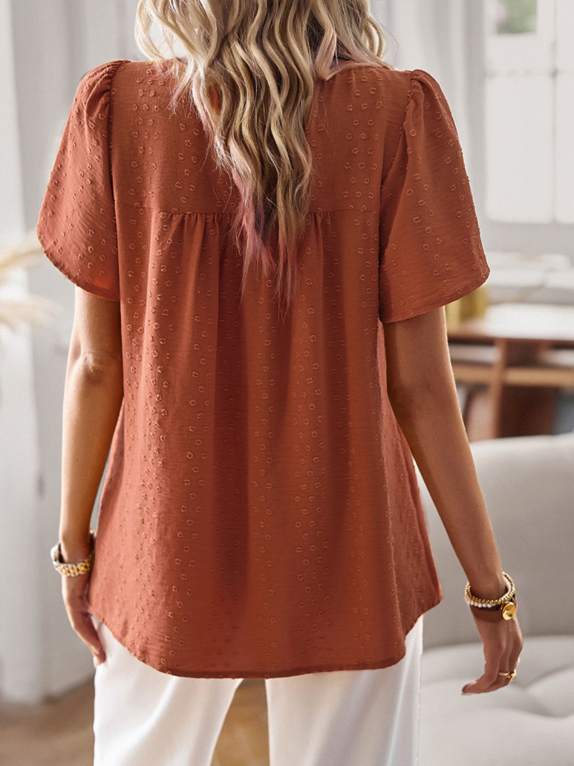 Lace Detail Round Neck Short Sleeve Blouse