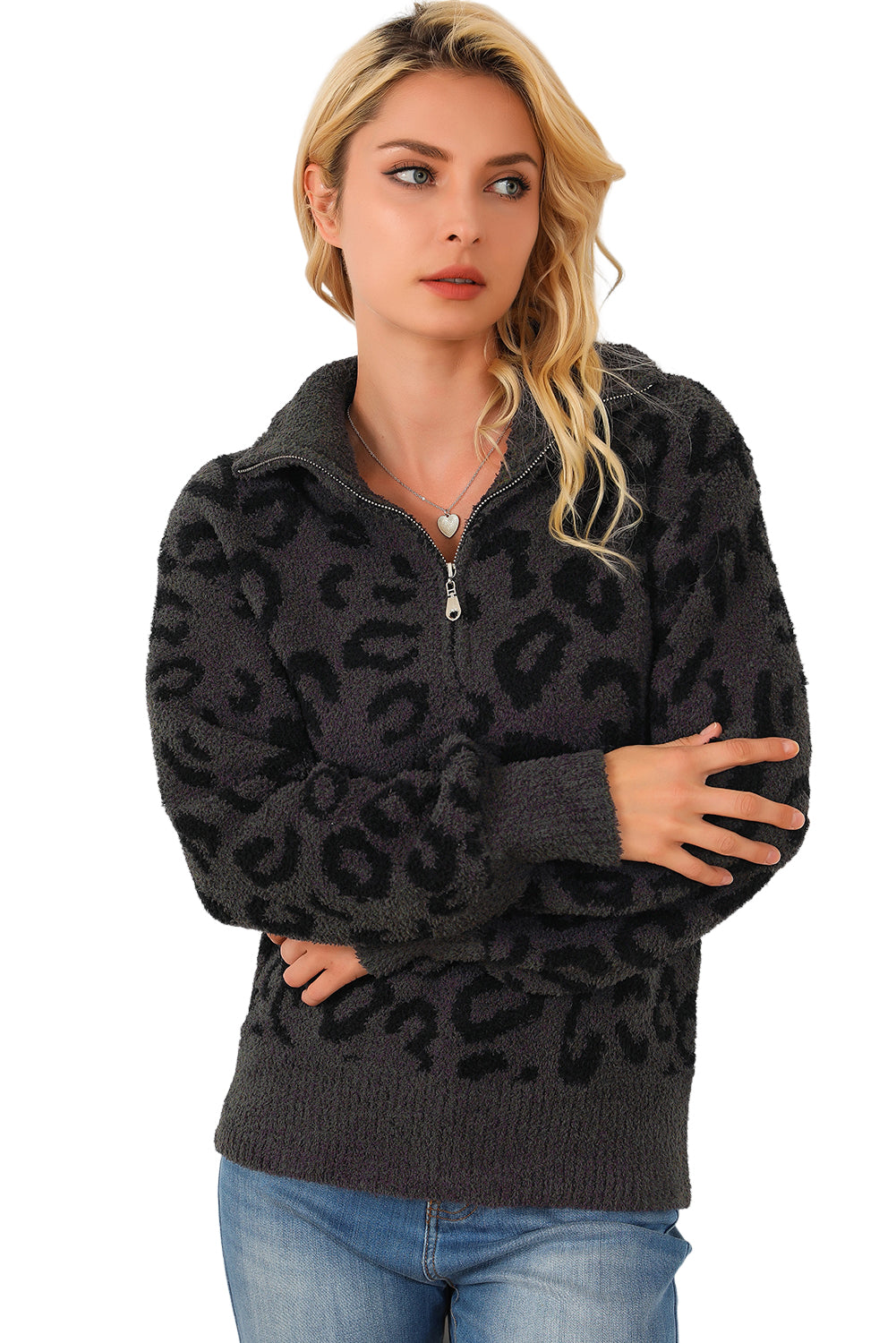 Leopard Animal Print Zipped Collared Sweater