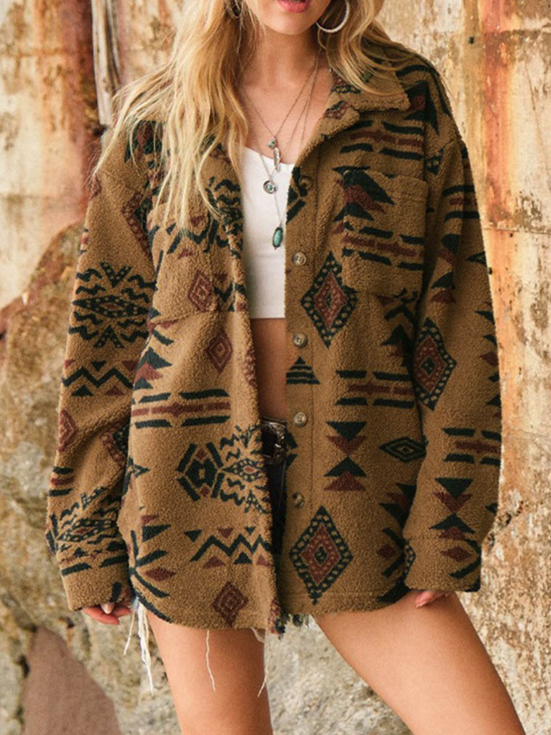 Geometric Button Up Long Sleeve Sherpa Jacket