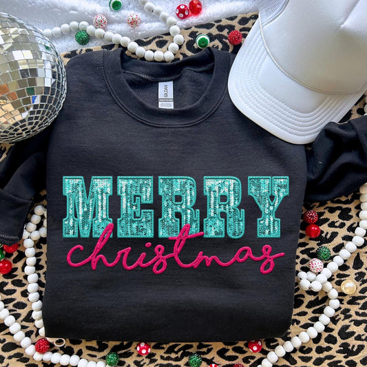 Merry Christmas Faux Sequins Aqua + Pink | Comfort Colors Tee or Gildan Crewneck Sweatshirt