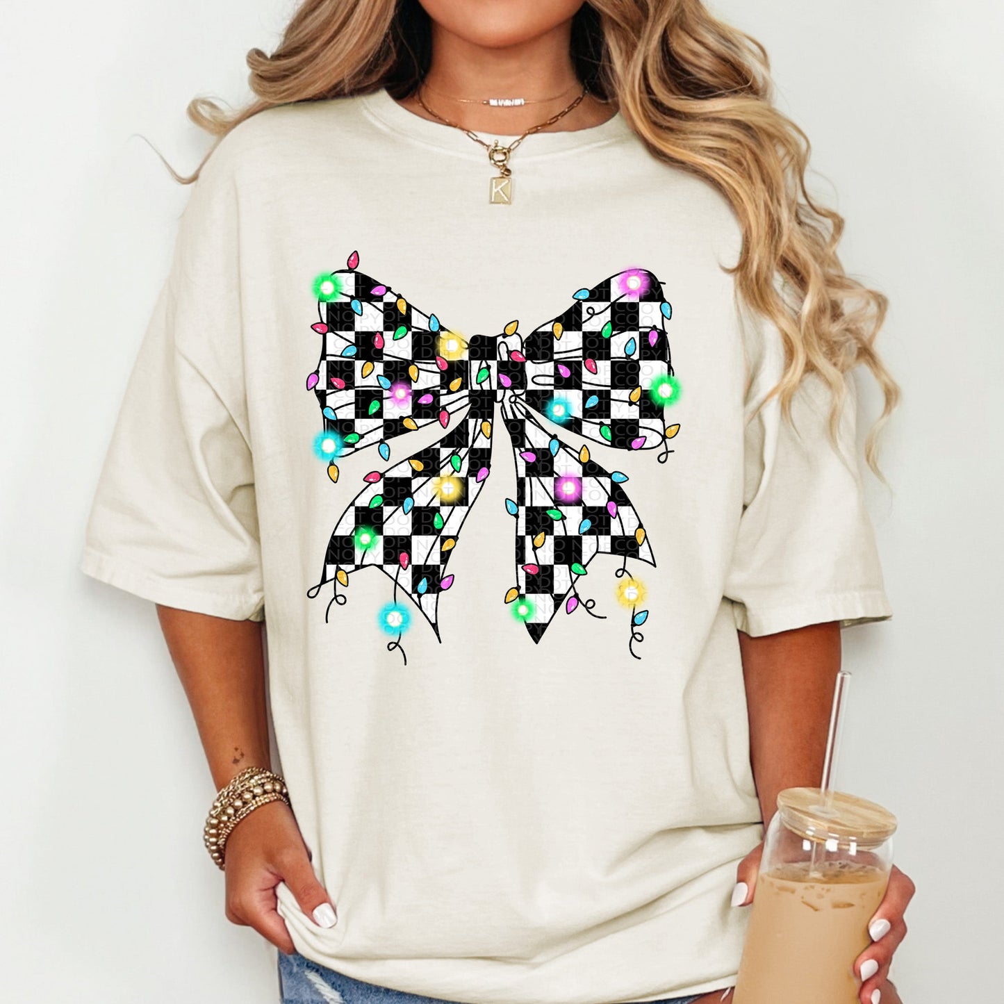 Checkered Christmas Light Bow | Comfort Colors Tee or Gildan Crewneck Sweatshirt