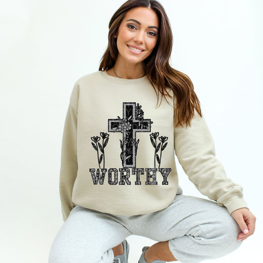 Worthy Cross with Flowers | Comfort Colors Tee or Gildan Crewneck Sweatshirt