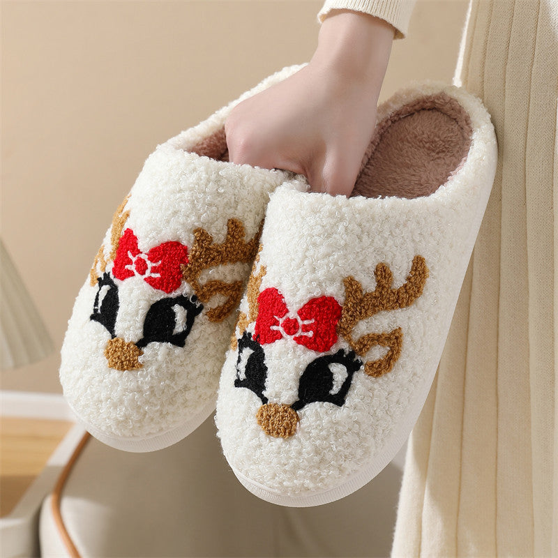 Christmas cute bow fox pattern cotton slippers indoor home plush warm slippers