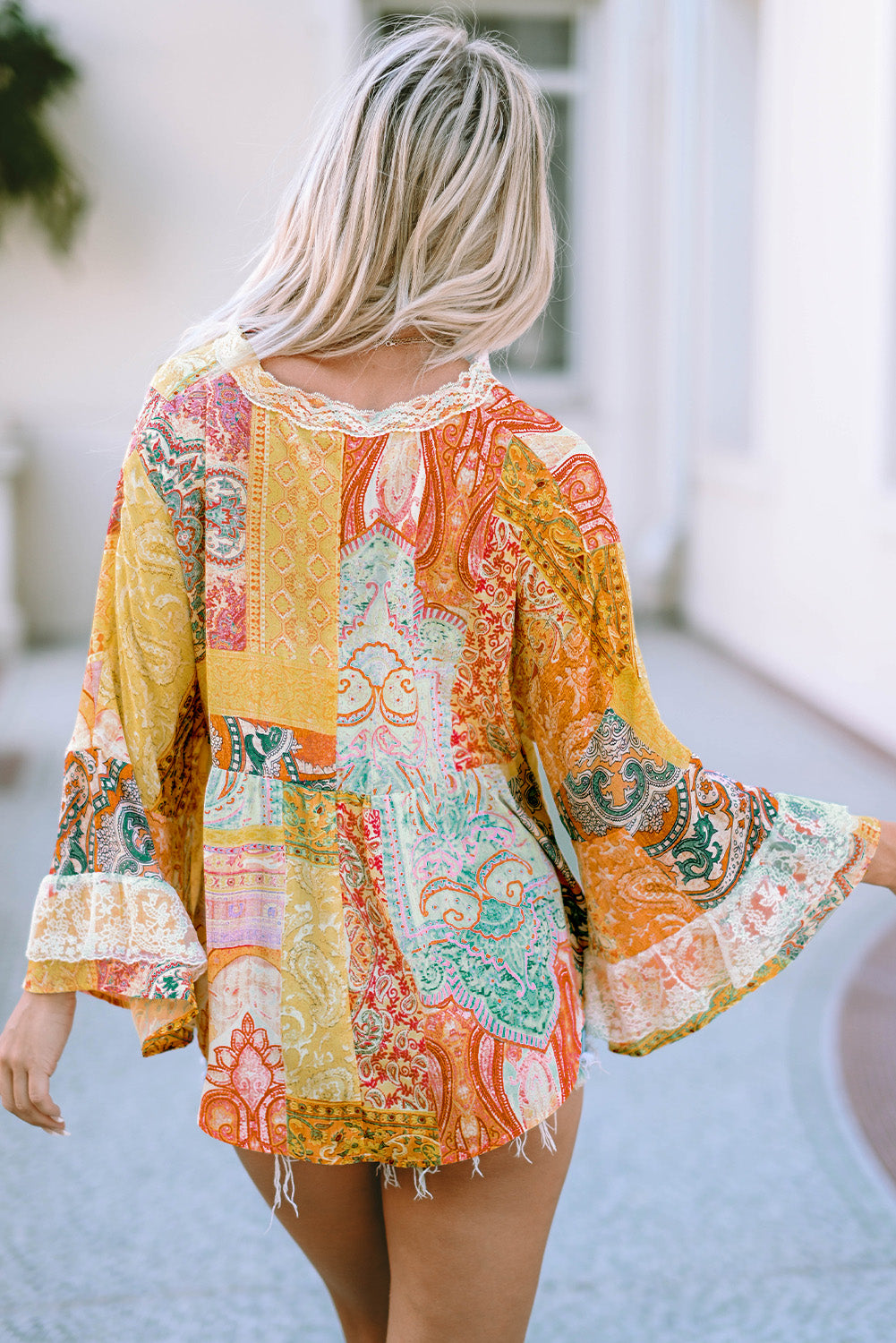 Multicolor Paisley Print Bell Sleeve Lace V-Neck Button Sheer Blouse