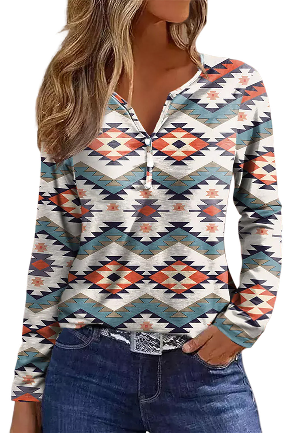 White Aztec Geometric Print Long Sleeve Henley Top