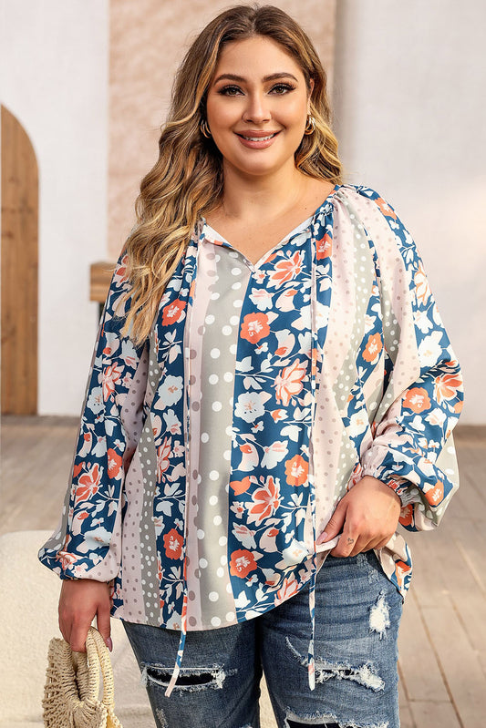 Multicolor Plus Size Mixed Print Split Neck Blouse