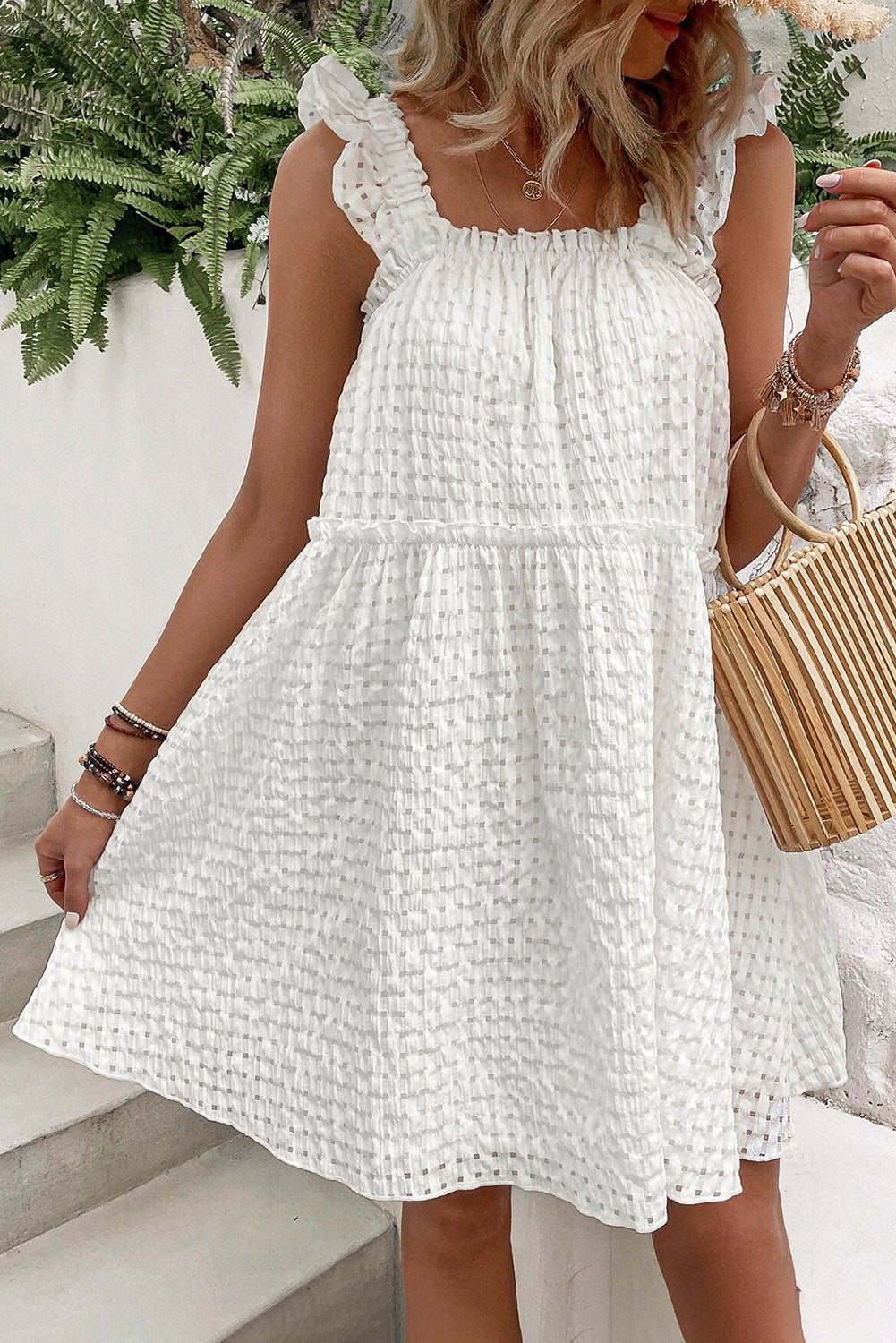 White Plaid Ruffled Straps Flowy Sleeveless Dress