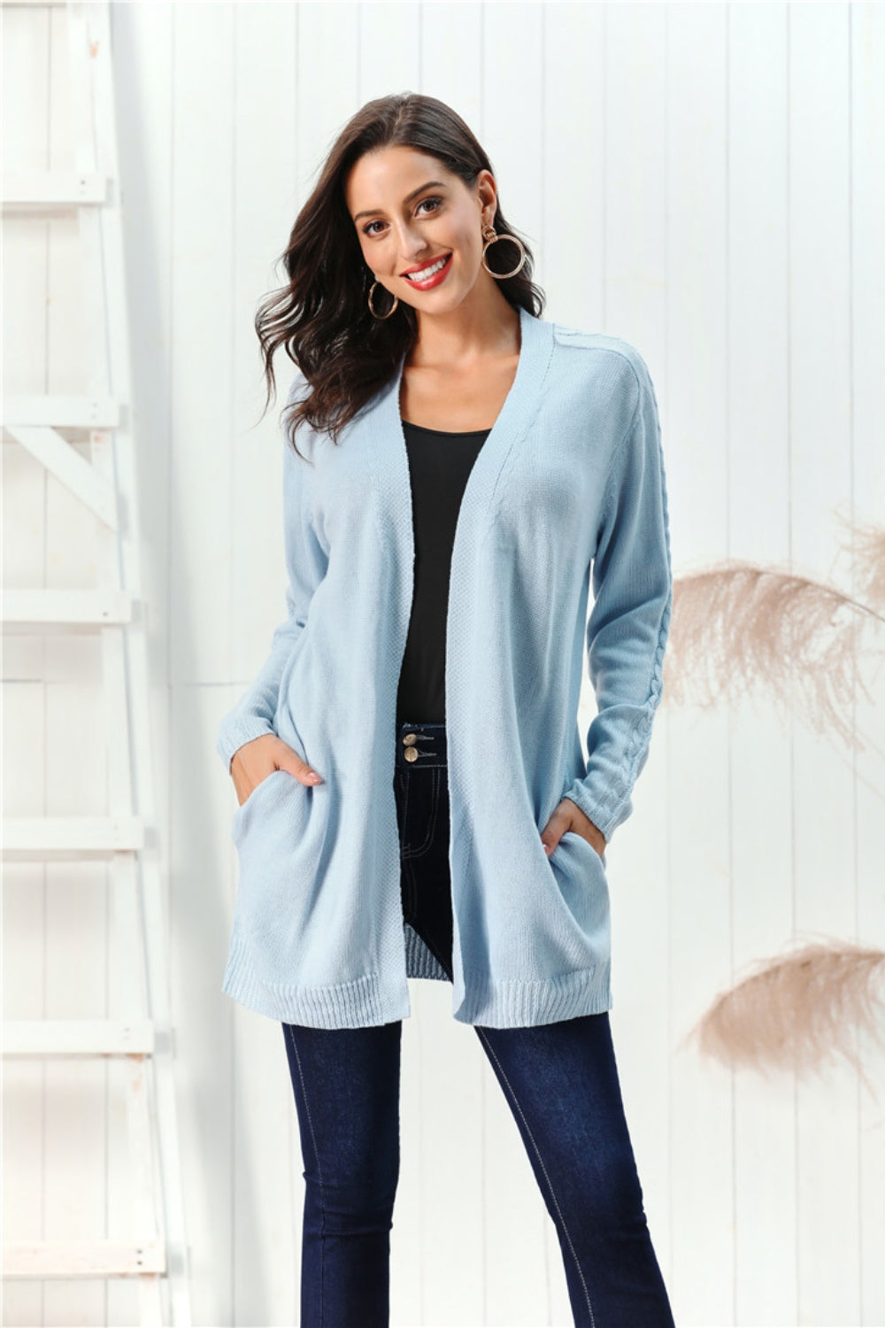 Cable-Knit Open Front Long Sleeve Cardigan