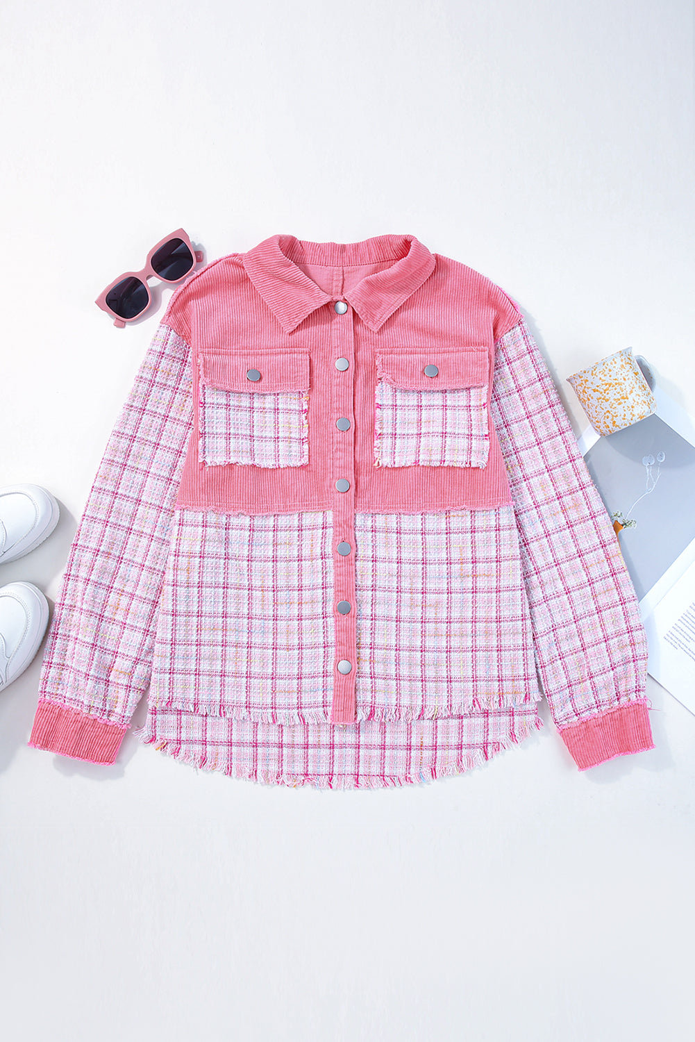 Rose Frayed Tweed Plaid Patchwork Buttoned Jacket