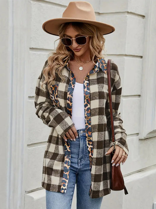 Leopard Trim Plaid Collared Neck Long Sleeve Shirt