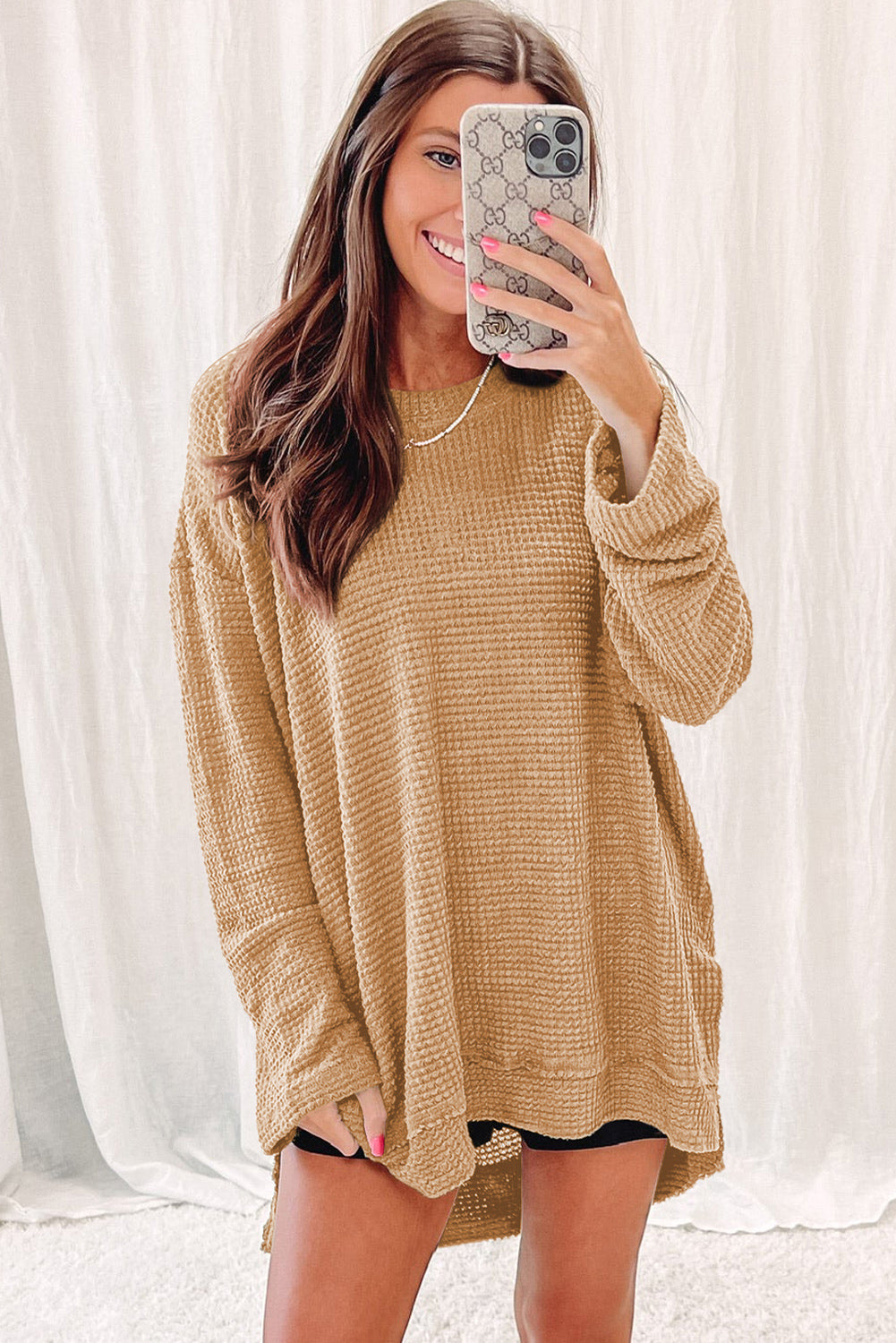 Khaki Waffle Knit High Slits Oversized Top