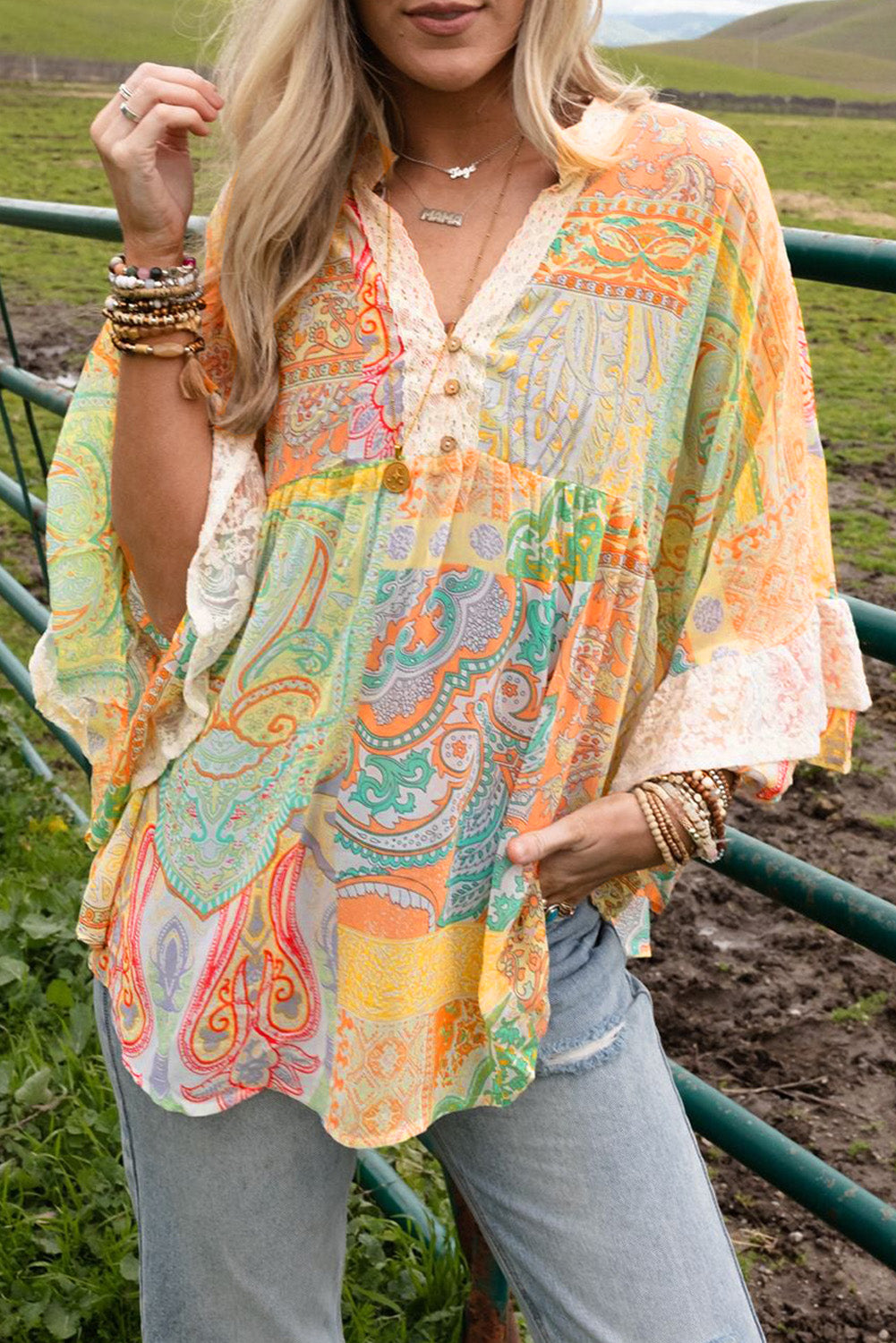 Multicolor Paisley Print Bell Sleeve Lace V-Neck Button Sheer Blouse