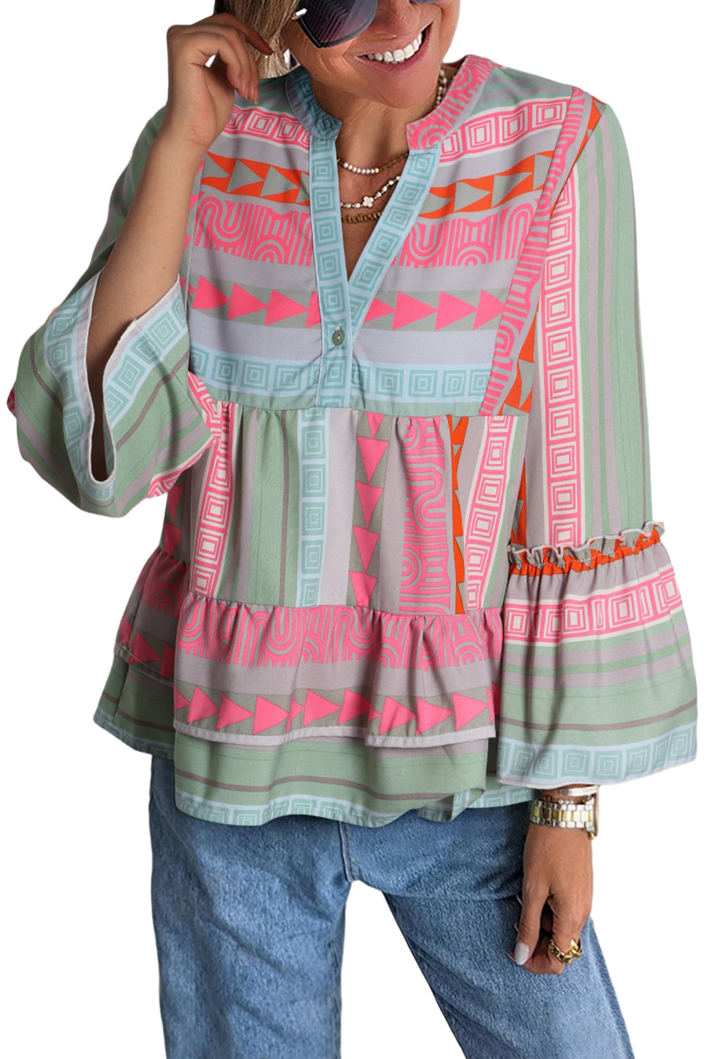 Multicolour Boho Geometric Print Split Neck Ruffle Blouse