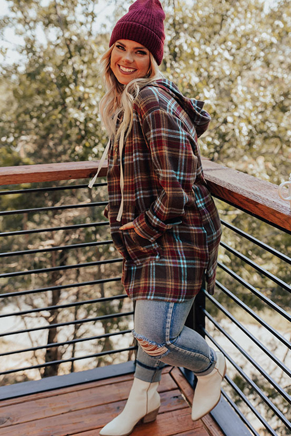 Red Plus Size Plaid Kangaroo Pocket Drawstring Hoodie