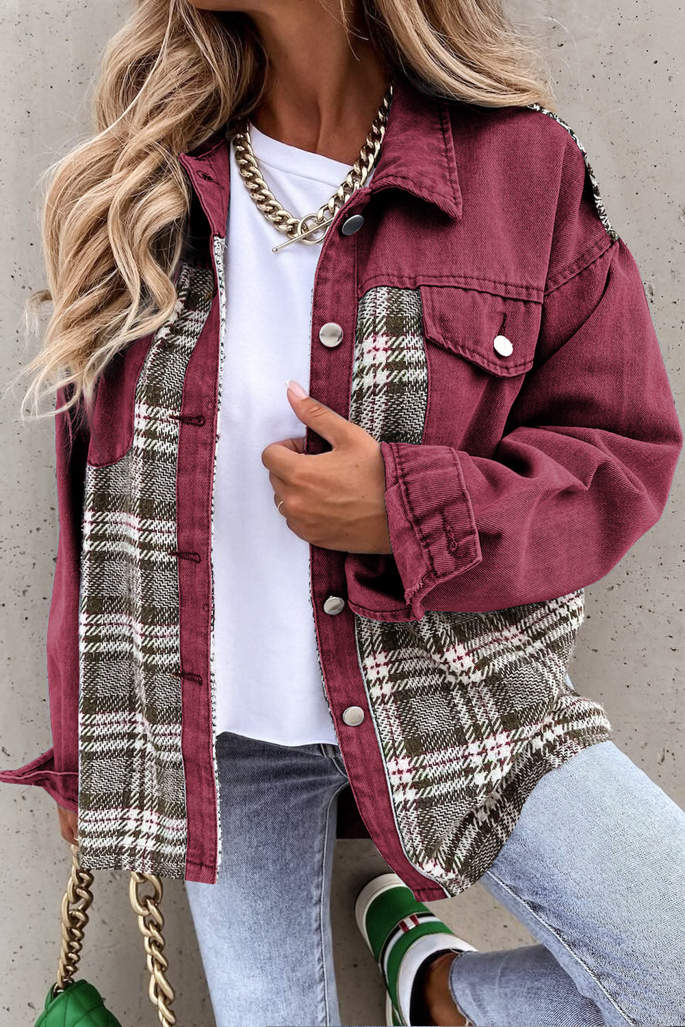 Fiery Red Plaid Patchwork Pockets Denim Jacket