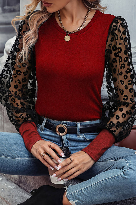 Ruby Leopard Mesh Puff Sleeve Patchwork Slim Fit Top