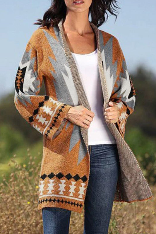 Gold Flame Aztec Graphic Open-Front Cardigan